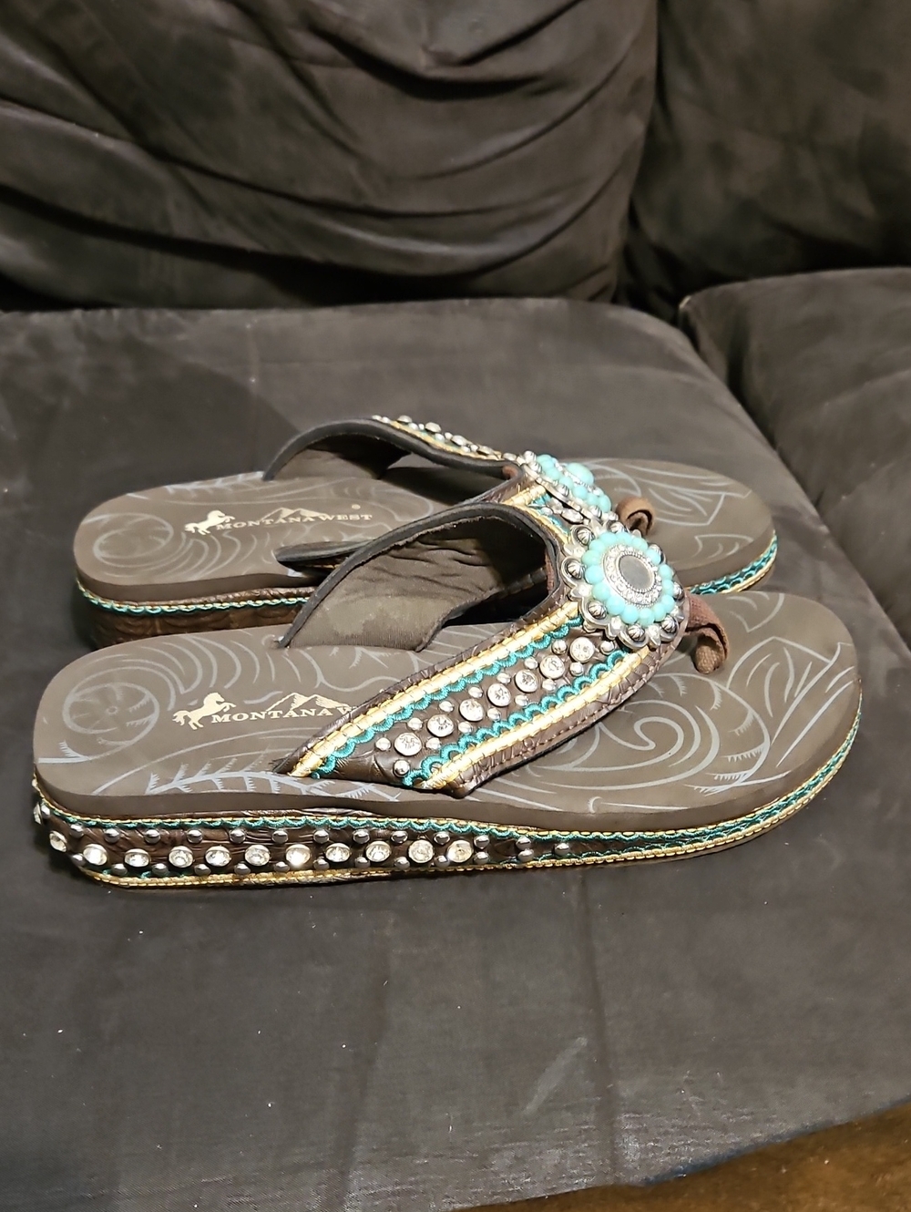 Montana West Brown and Turquoise Embellished Thong Sandals